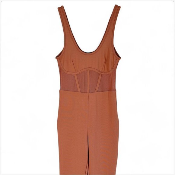 Bebe Gingerbread Mesh Detail Catsuit Jumpsuit Stretch Knit Bodycon NWT NEW XS - Picture 4 of 6